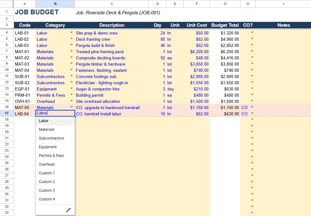 JOB BUDGET tab of the Contractor Job Costing and Profit Tracker spreadsheet with labor, materials, subcontractor, equipment and change order lines budgeted for a sample deck and pergola job